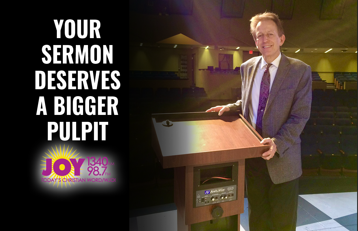 Promotional banner: left panel with bold text about sermons and JOY radio logo; right panel shows a man at a wooden pulpit in a church auditorium.